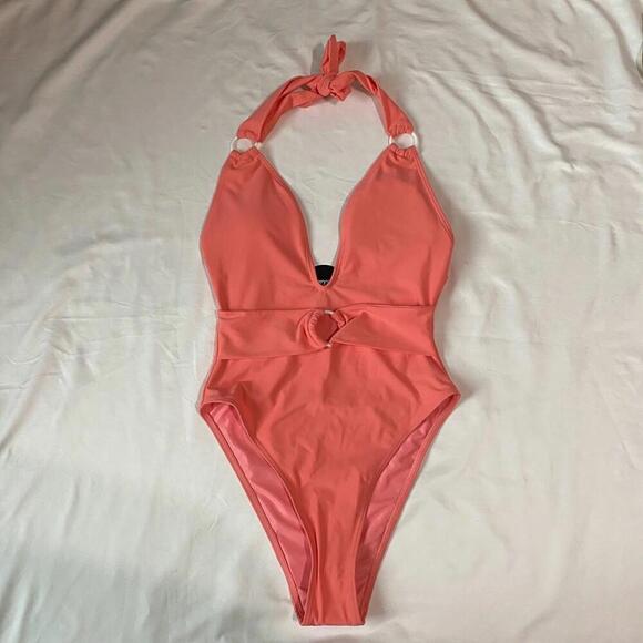 Lulus Vacation Calling Coral Pink O-Ring One-Piece Swimsuit - Picture 7 of 9